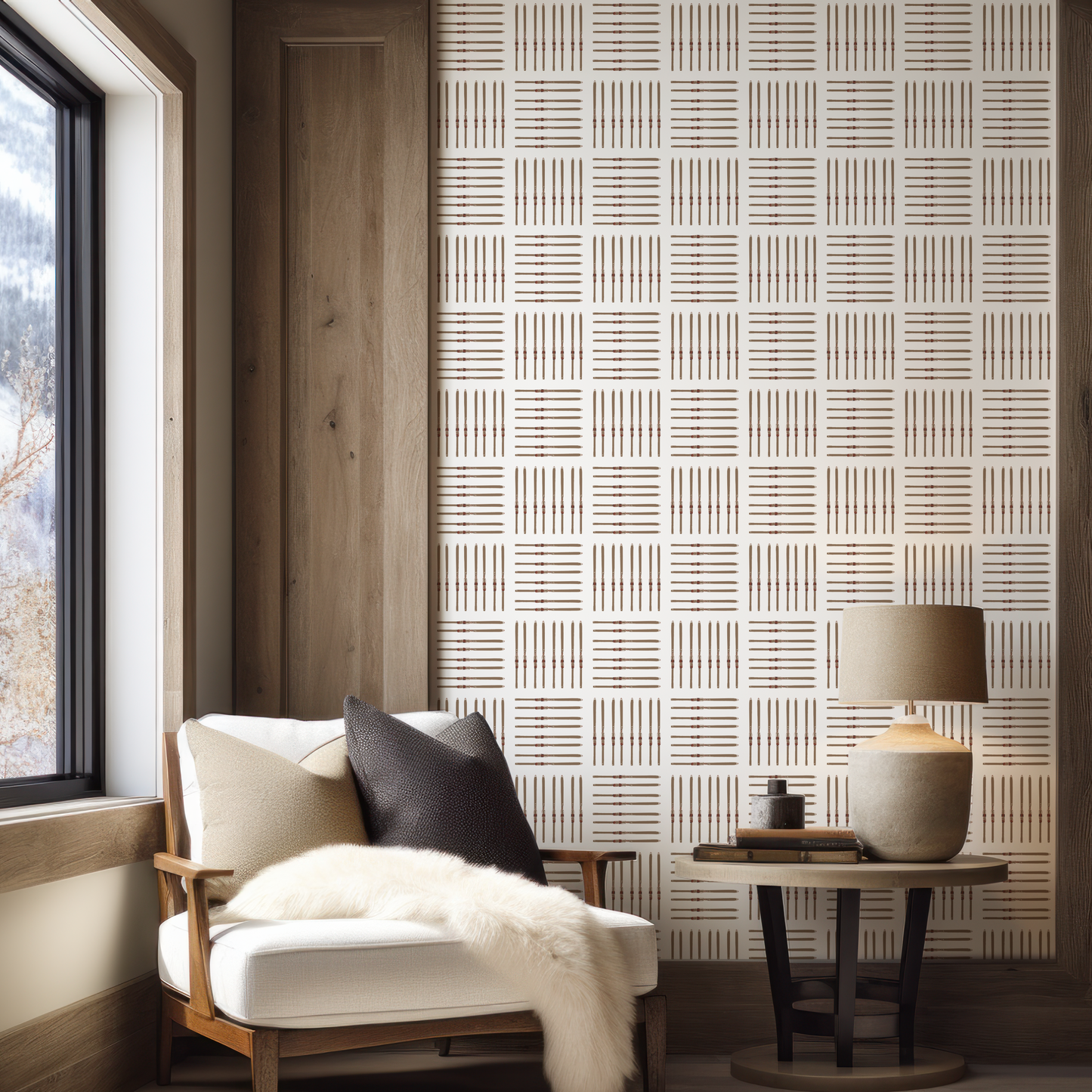 Vintage Ski Square on White Wallpaper, Large Scale