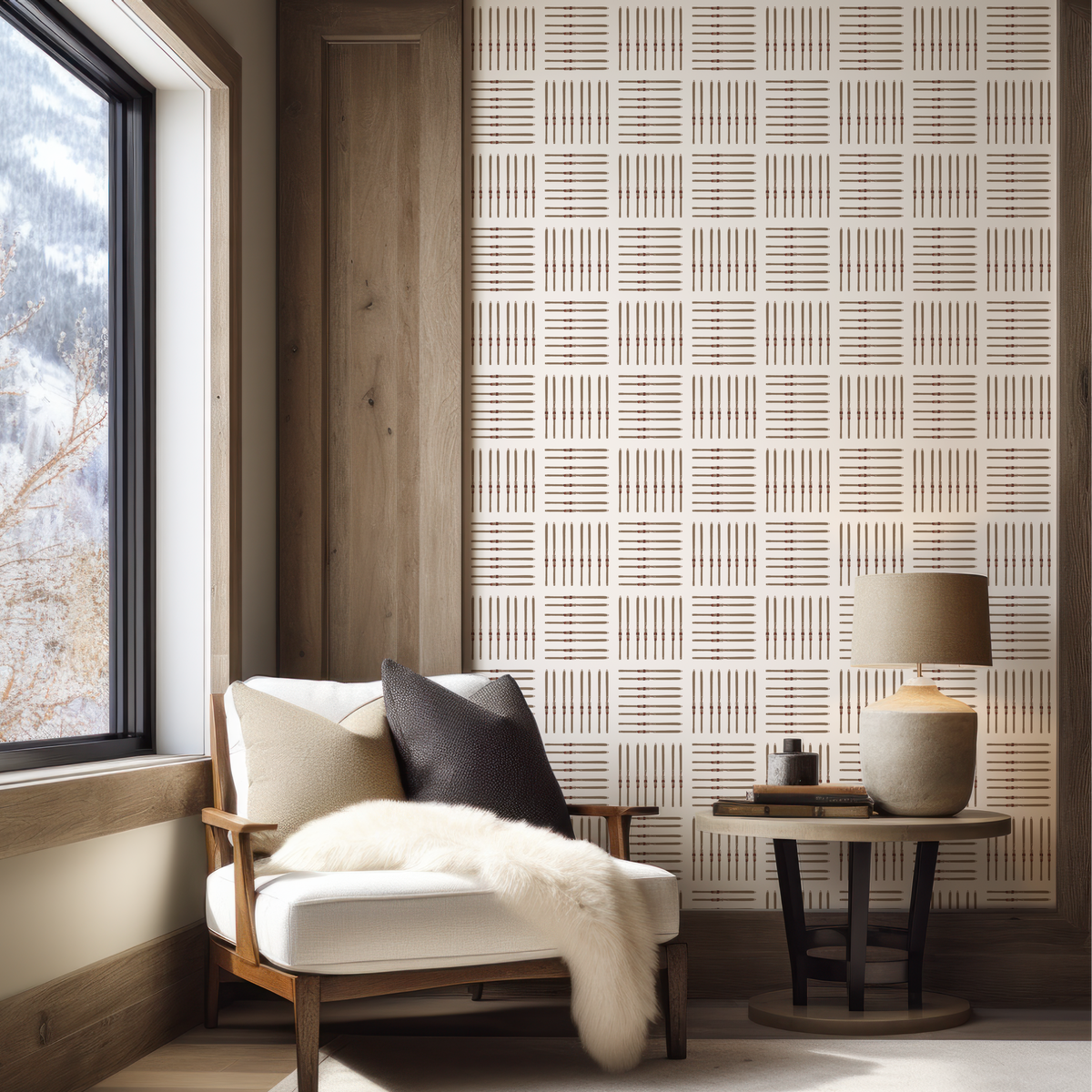 Vintage Ski Square Off White Wallpaper displayed as a repeating pattern for mountain homes, ski chalets, and ski lodges.