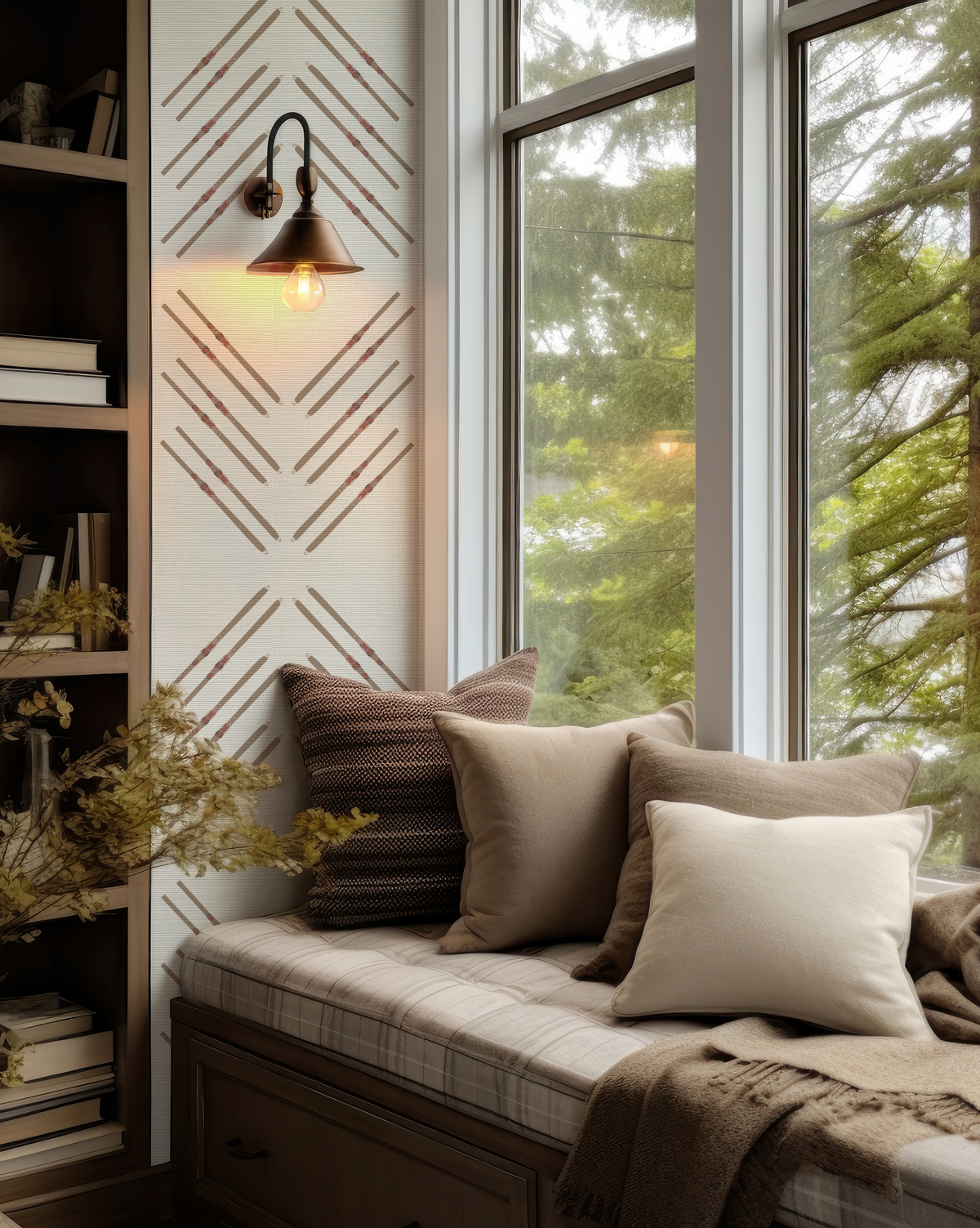 Vintage ski-themed wallpaper on warm off-white grasscloth, combining a geometric ski pattern with timeless mountain style.