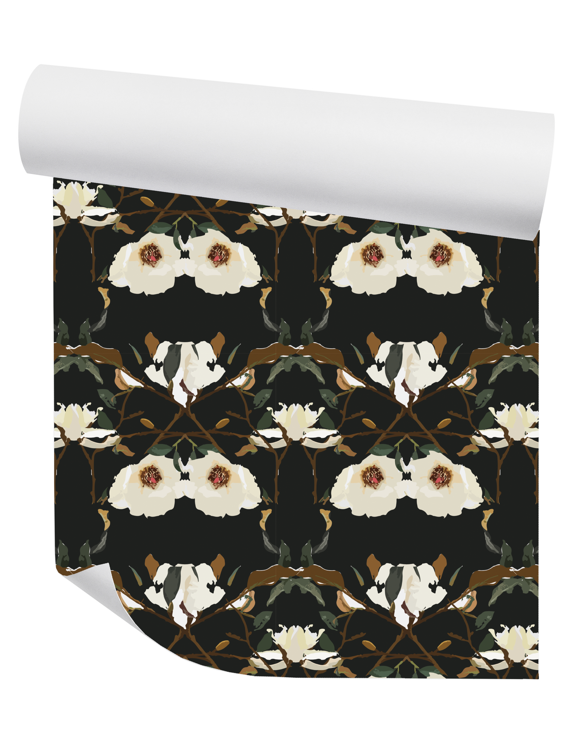 Willow + Wild Magnolia on Black Grasscloth Wallpaper Roll - 32" x 22'