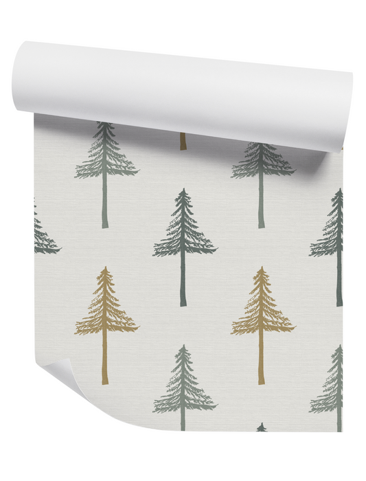 Willow + Wild Pine Tree Sage Blend On White Grasscloth Wallpaper Roll - 32" x 22'