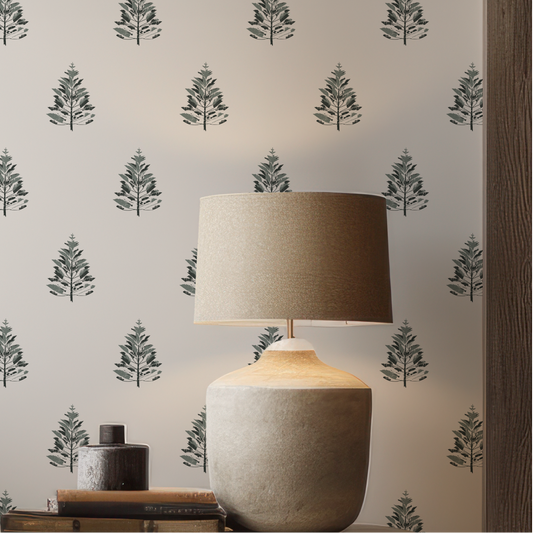 Woodland Pine Wallpaper featuring a repeating pine tree pattern in muted olive green on a warm off-white background.