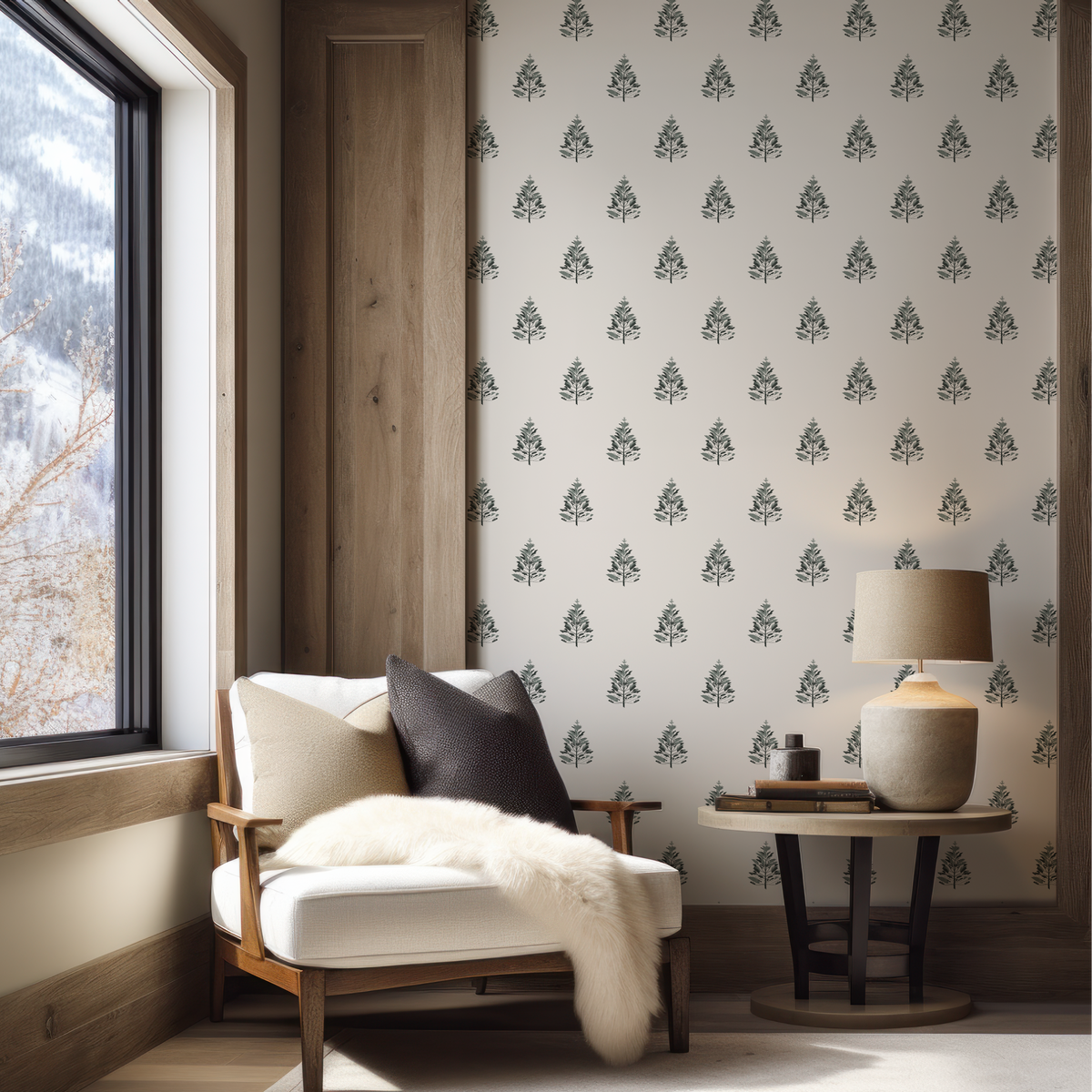Pine tree Wallpaper in a mountain-inspired living room, with a repeating green pine tree design on an off-white background.