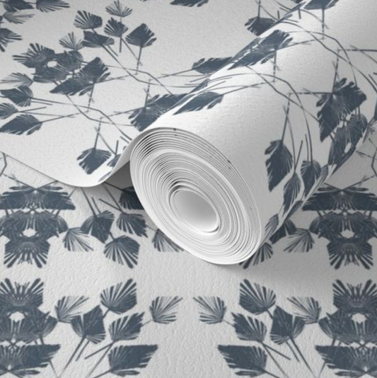 Willow + Wild Fan Feather Slate Blue Grasscloth Wallpaper Roll - 32" x 22'