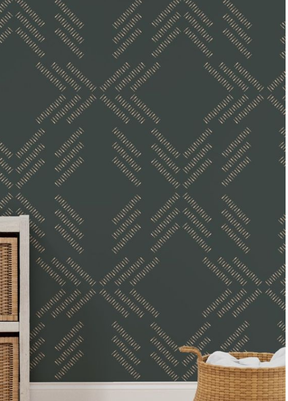 Willow + Wild Taupe Diamond on Deep Green Grasscloth Wallpaper Roll - 32" x 22'