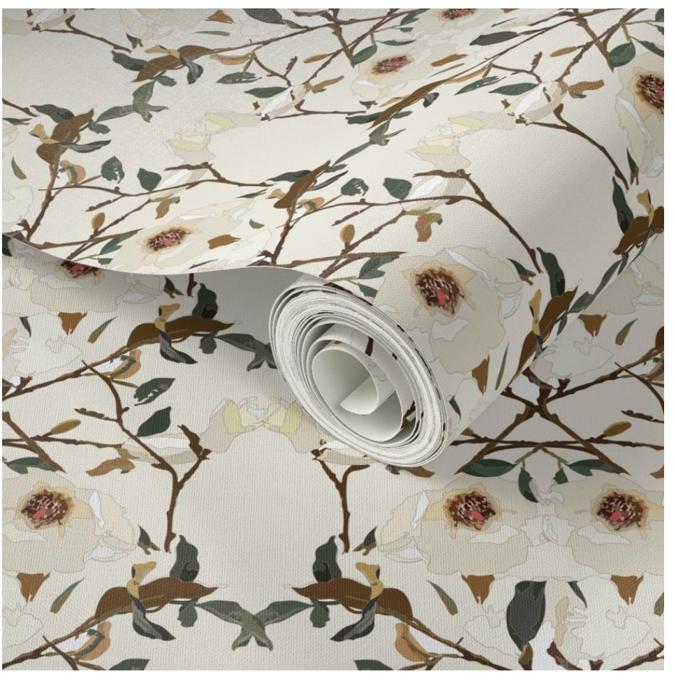 Willow + Wild Magnolia on cream Grasscloth Wallpaper Roll - 32" x 22'